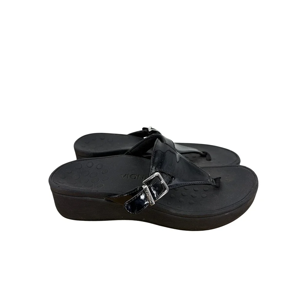 Vionic‎ Women Black Patent Leather Platform Wedge Thong Sandals Buckle Strap 8